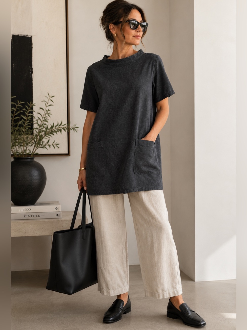 Eileen Fisher Organic Cotton Lightweight Twill Mock Neck Tunic Top Lagenlook  L